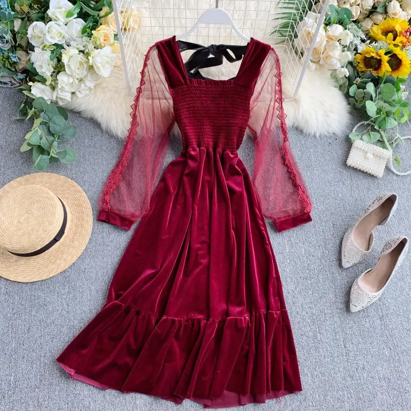 

2019 new fashion women's dresses Vintage red French women velvet dress