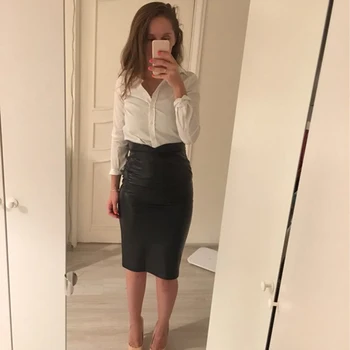 

Women Leather Skirts Spring Autumn Knee Length Slim Party Pencil Skirts Pencil High Waist Stretchy Sexy Skirt