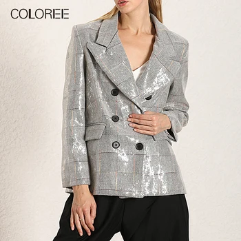 

COLOREE 2019 Runway Designer Women Outerwear Elegant Double Breasted Long Sleeve Silver Jacket Female Autumn Vintage Jacket