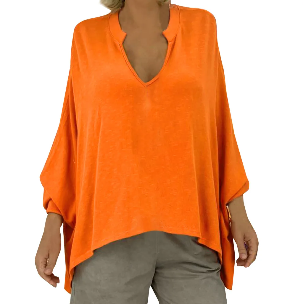 feitong Blouse Female Clothing Women's Loose Plus Size Solid Long Sleeve V-neck Pullover Blouse Tops Shirt Plus Size 5XL