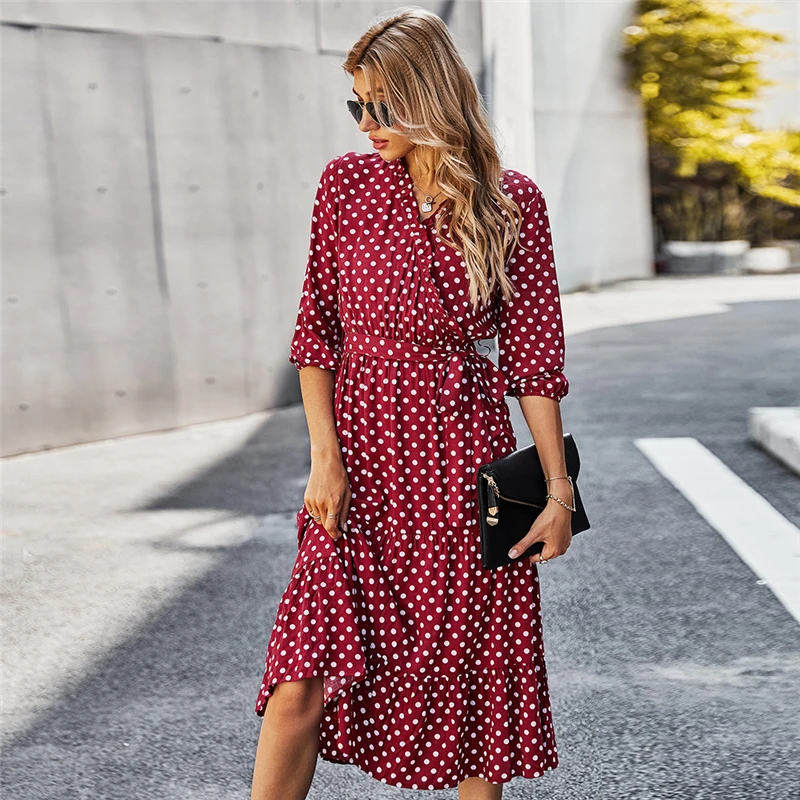 Autumn Winter Dot Bandage Dress Women Casual Ruffles V Neck High Waist Slim Print Long