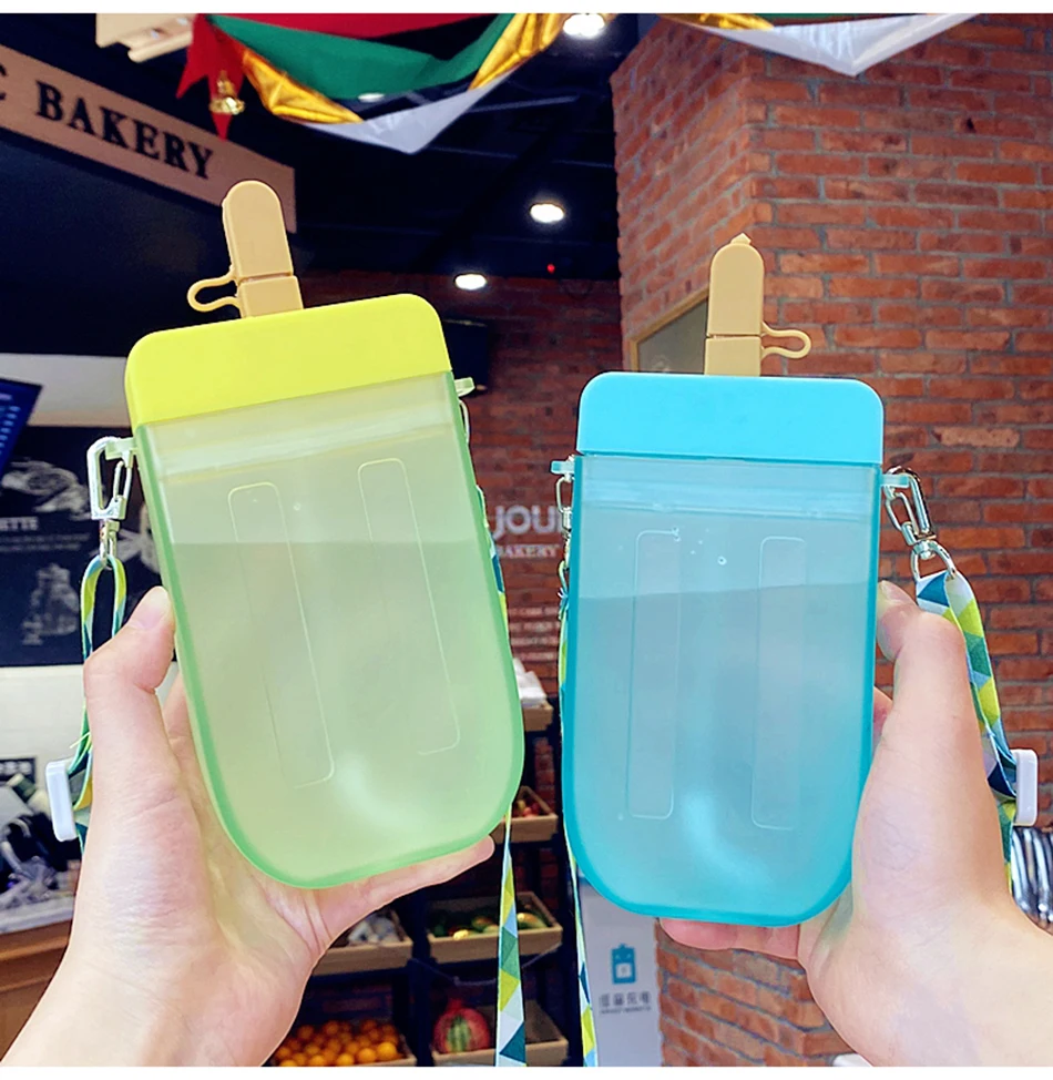 Cute Popsicle Straw Cup with Strap - 300ml Portable Plastic Water Bottle