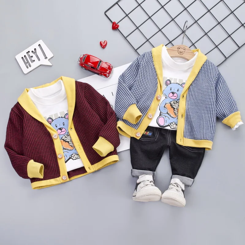 

Children Autumn Set Male Baby Fine Grid Knitted Cardigan Three-piece Set Korean-style Small CHILDREN'S Spring And Autumn Fashion