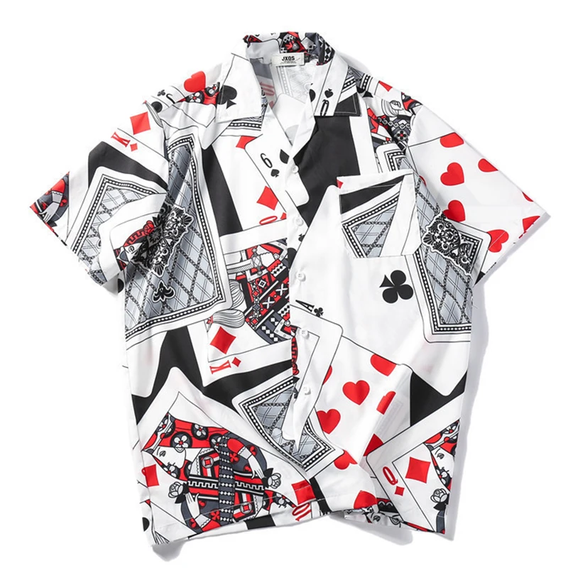 White April MOMO Porker King Printed Retro Street Shirts Men Summer Turn-down Collar Hip Hop Shirt Streetwear Camisa Masculina - Цвет: White