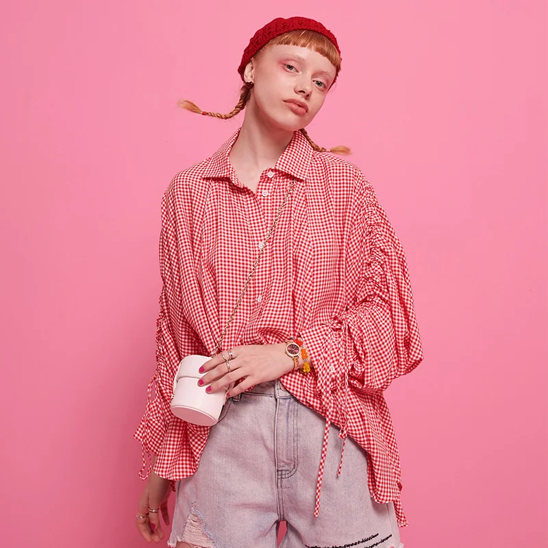 

ELF SACK Red Black Plaid Front Type Blouse Women 2019 Autumn Fashion Korean Long Sleeve Women Tops