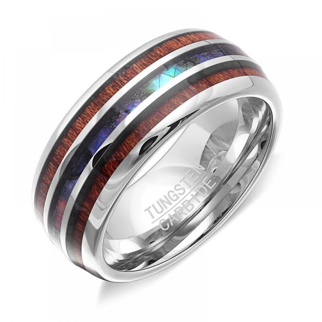 Personality Abalone Shell & Hawaiian Koa Wood Inlay Tungsten Carbide Ring For Men Anniversary Birthday Party Jewelry Gift