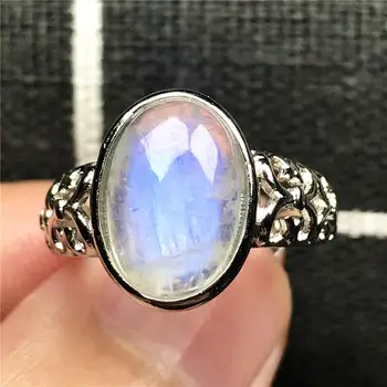 

13x10mm Genuine Natural Moonstone Ring For Woman Lady Man Blue Light Crystal Silver Oval Beads Love Adjustable Finger Ring AAAAA
