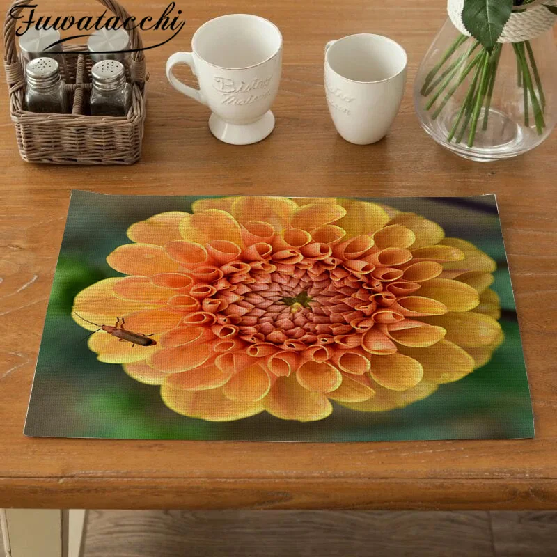 

Fuwatacchi Yellow Flower Placemats for Dinning Table Mats Linen Landscape Tableware Pads Home Decoration Non-Skip Placemats