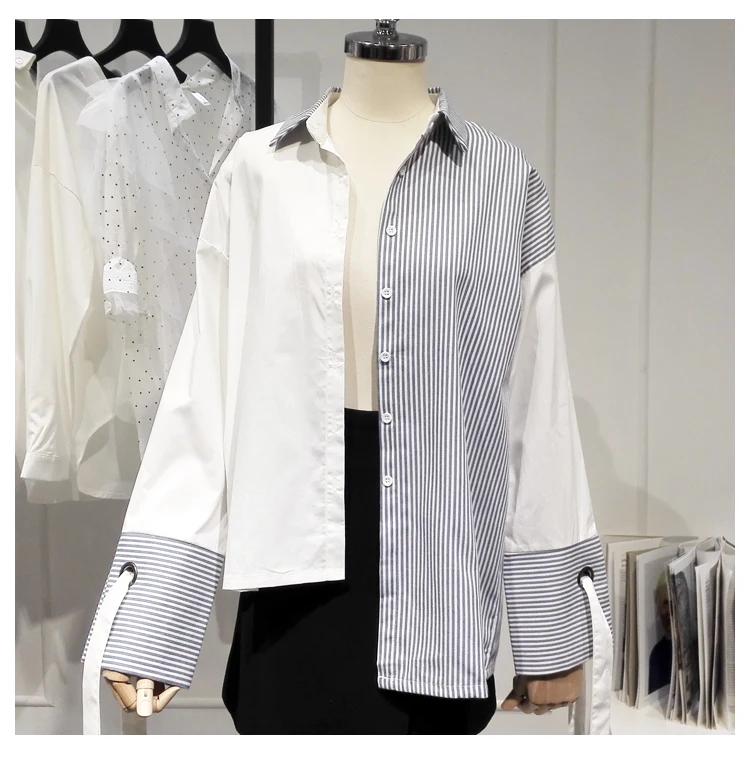 Designer Special Shirt Striped Color Block Blouse Long Sleeve Top Women Shirt Irregular Length Tie Chemise Femme Blusa Mujer