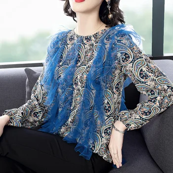 

Women Spring New Style Crew Neck Printed Cut Irregular Design Front And Back Lotus Leaf Floating Edge Chiffon Blouse Loose Shirt