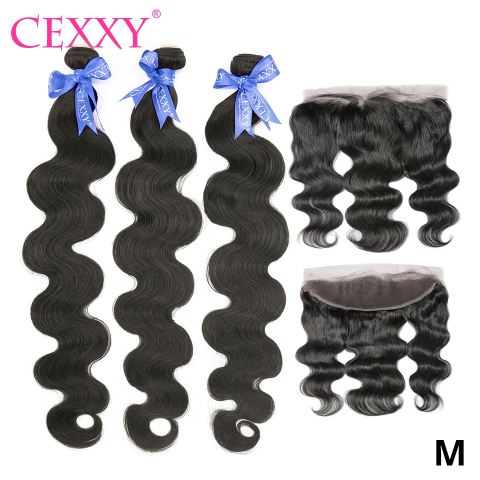 Barato CEXXY extensiones de pelo ondulado brasileño paquetes de onda del cuerpo con Frontal 13x4 encaje Frontal Remy cabello humano envío gratis 6M59L75q