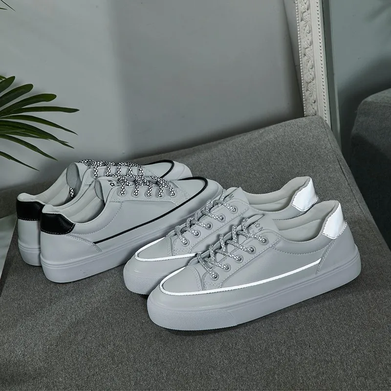 

Fashion platform casual shoes reflective strip trend vulcanized shoes waterproof PU leather spring female single shoes U26-46