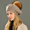 2022 Winter Female Beret Women Hat 15CM Real Raccoon Fur Pompom Beret Wool Cashmere Natural Fur Ball Women Beret Cap for Women ► Photo 2/6