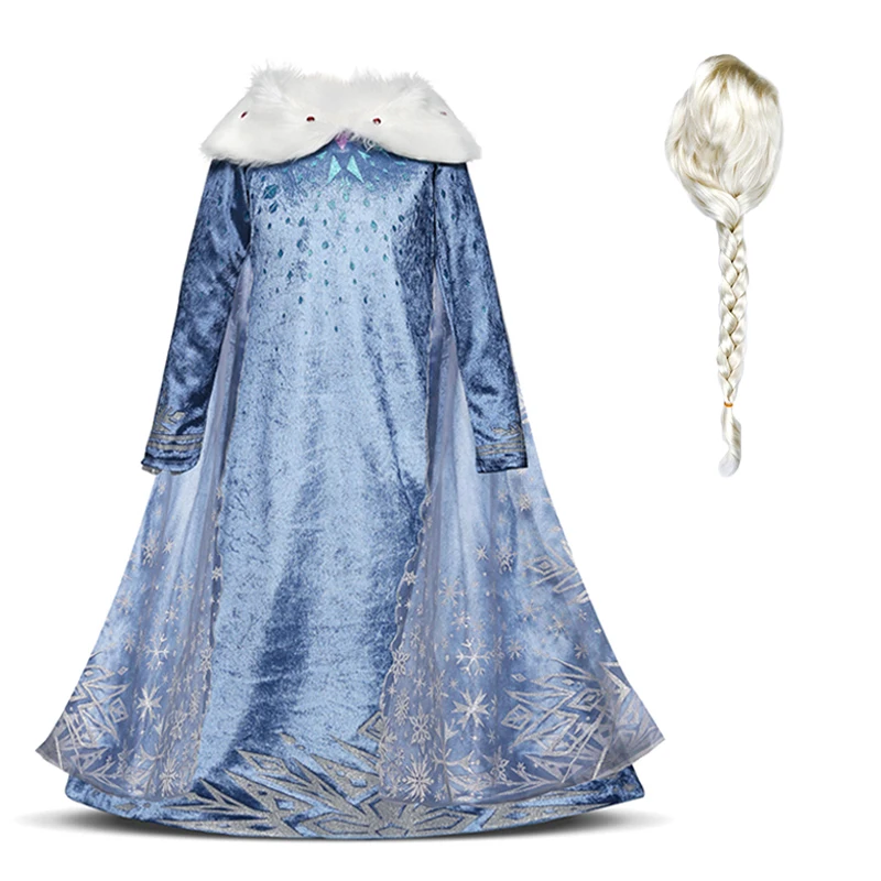 Dress and Wig Детское платье для девочек; Рождественский костюм Эльзы, Снежной Королевы; 2; одежда Эльзы; детский осенний праздничный костюм на день рождения; аксессуары - Цвет: Dress and Wig