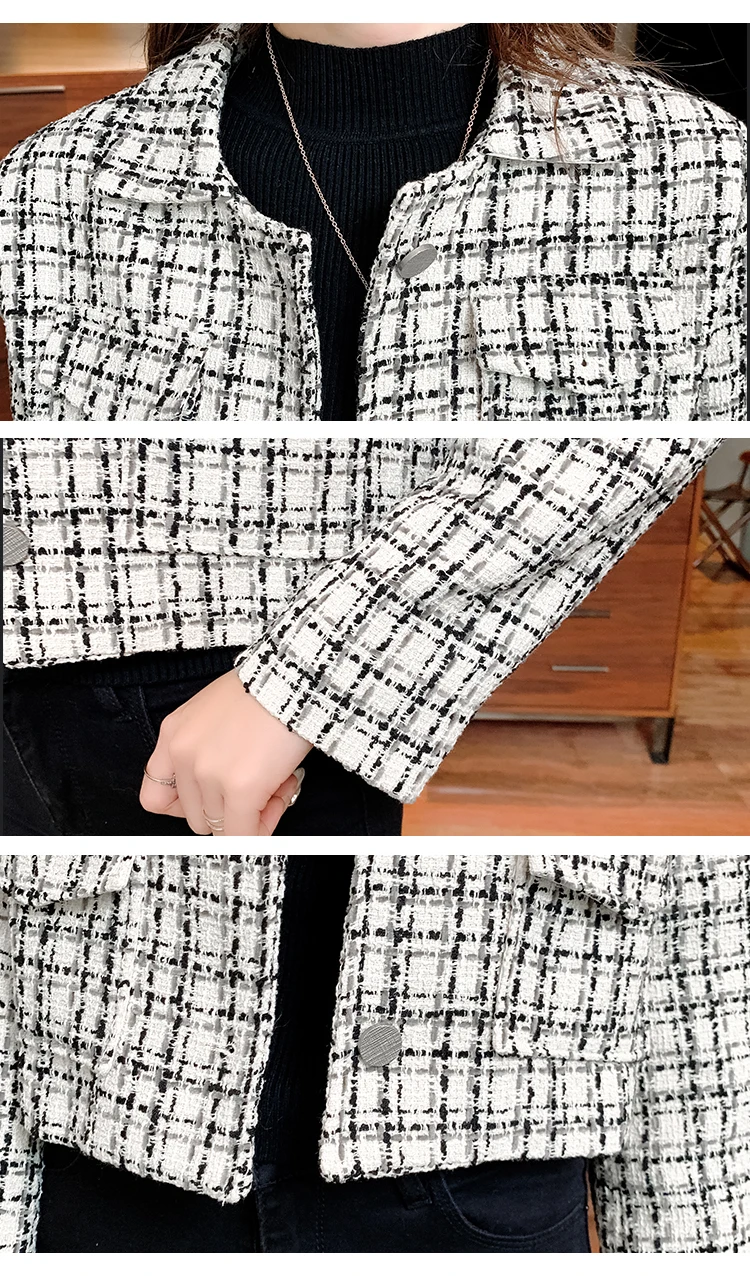 Short Lapel Small Fragrant Wind Jacket Women French Ladies Short Plaid Jacket Retro High Quality Ladies Jacket Casual Top