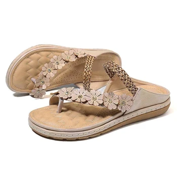 

2020 Summer Flat Sandals For Women 3 Colors Flowers Sandals Multicolor PU Leather Retro Floral Flip-flops Women Slipper Dropship