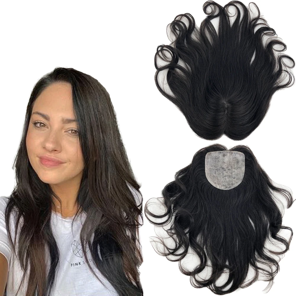 

13X12CM Injected Silk Skin Base PU Topper Wavy Virgin Chinese Human Hair Topper with 4 Clips In Hair Women Toupee Long 16inch