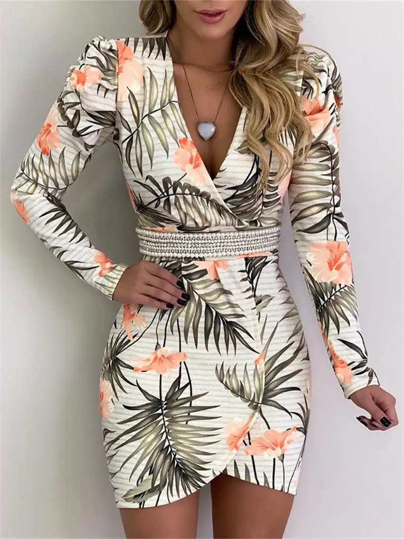 2020 Summer Elegant Vacation Casual Mini Bodycon Dress Female OL V-Neck Holiday Botanical Print Long Sleeve Irregular | Женская одежда