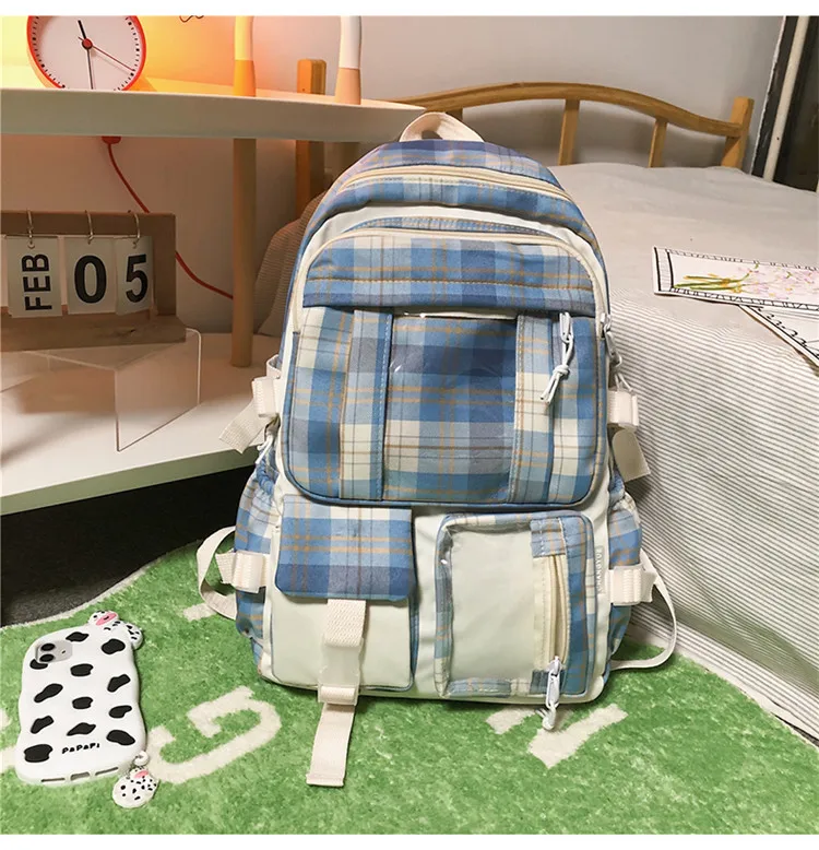 Kawaii College Style Canvas Grid Backpack - Limited Edition