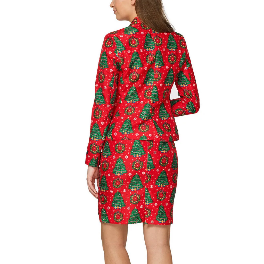 Женская модная Рождественская юбка, костюм с принтом, отложной воротник, пуговица, длинный рукав, юбка, костюм, Tailleur Femme Jupe Et Veste