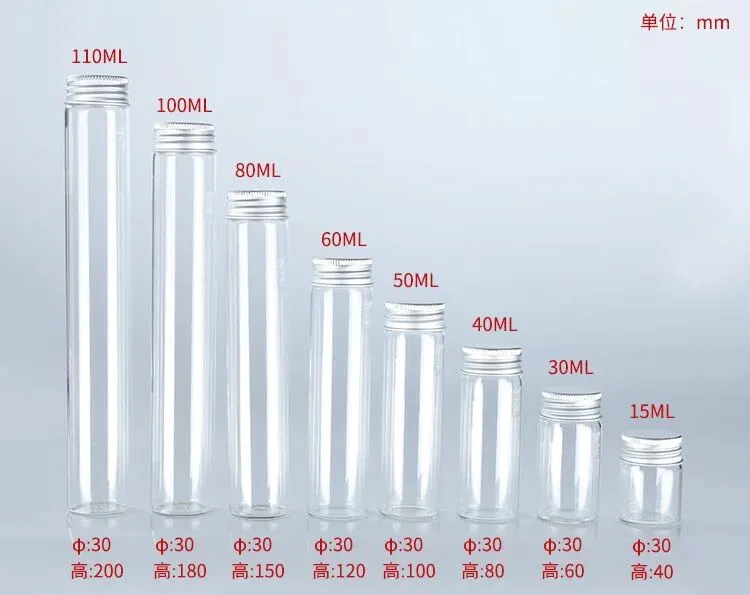 100PCS 30*60mm 25ml Glass Bottles Screw Top Empty Jars Vial Candy Vanilla Pill Food Perfume Bottle Jars Metal Cap Wedding Decor