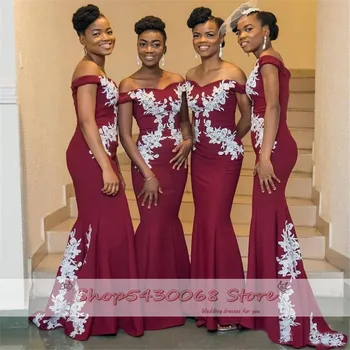 

2020 Burgundy Long Bridesmaid Dress With White Lace Elegant Boat Neck Off The Shoulder Floor Length African Wedding Party Gowns