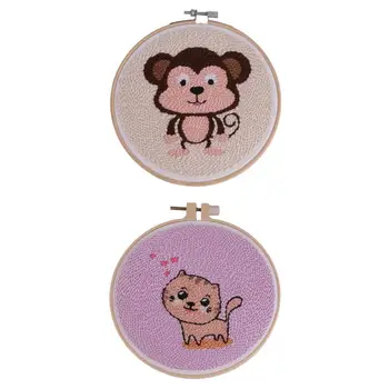 

2Pcs Monkey Cat Embroidery Starter Kit Cloth Hoop Color Threads Needles Kit