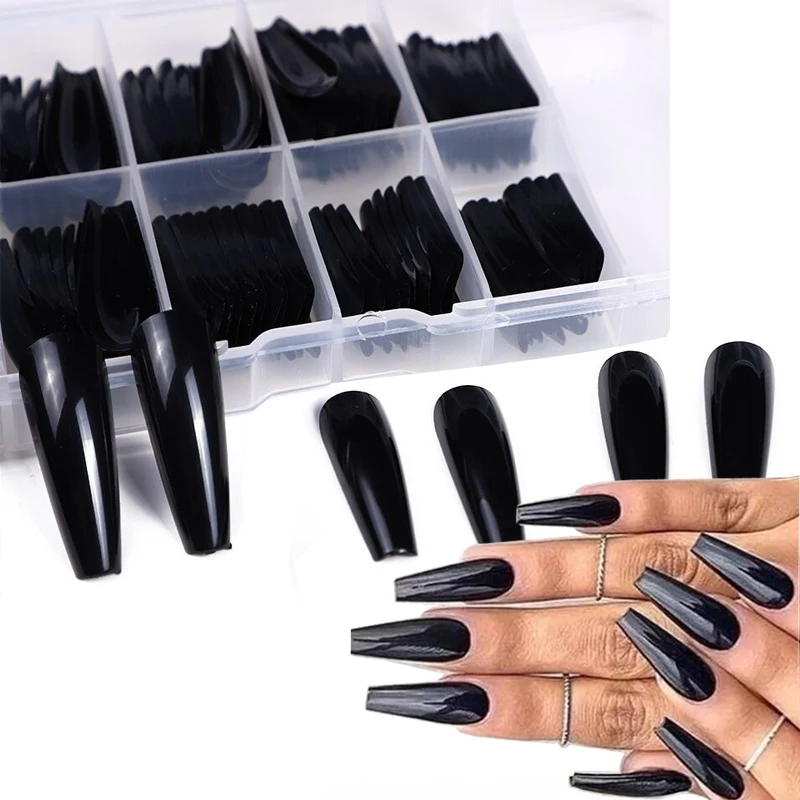

100pcs / Box Black pressed nail coffin ballet dancer fingertip long stiletto false nail tip full set of DIY acrylic fake nails