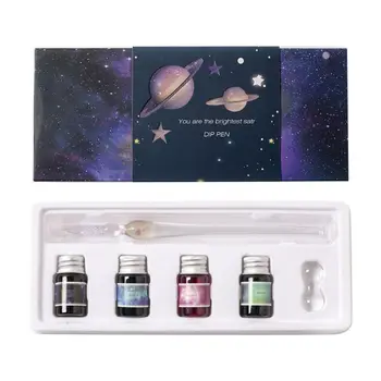 

1Set Planet Theme Dip Pen 4 Color Ink Kit Glass Painting Pen Student Stationery