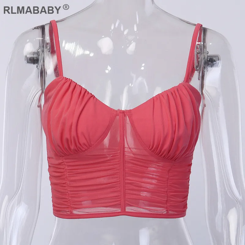 Rose Red Top RLMABABY, лето, бюстье с ремешками, рюшами, сетчатый топ, прозрачный, без рукавов, с открытой спиной, сексуальный, пляжный топ, женский короткий топ - Цвет: Rose Red Top