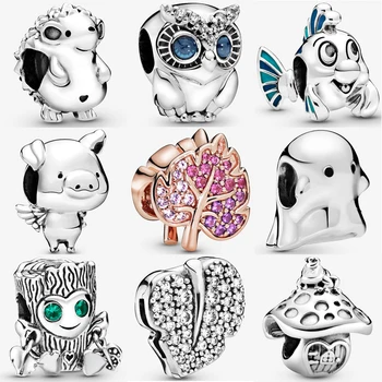 

Authentic 100% 925 Sterling Silver Bead Sparkling Pave Leaf Owl Charms Pendant fit Original Pan's Bracelets Women DIY Jewelry