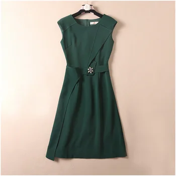 

New 2019 autumn winter women plus size dress OL style office lady high end sleeveless solid color brief dresses green blue