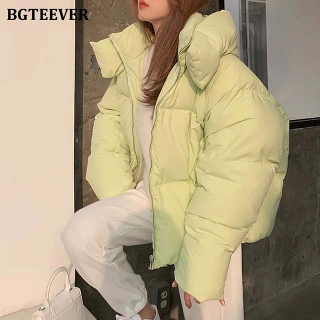 BGTEEVER Chic Hooded Cotton Padded Women Parkas 2021 Winter Warm Loose Solid Thicken Female Coats Ladies Zippers Outwear 4