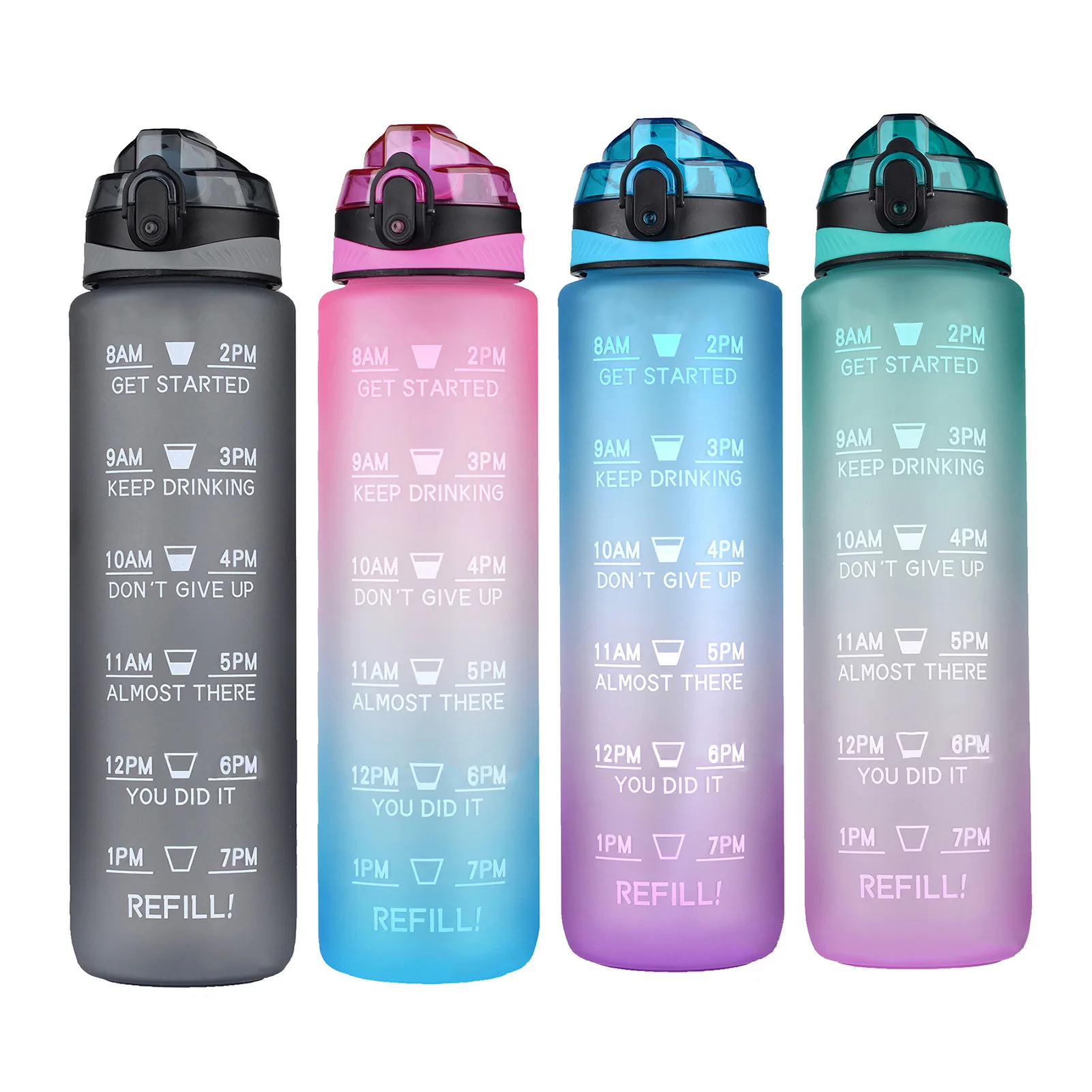 زجاجات المياه المحمولة مع علامة وقت القش 1L BPA-Free مانعة للتسرب سعة كبيرة  في الهواء الطلق التدرج - AliExpress