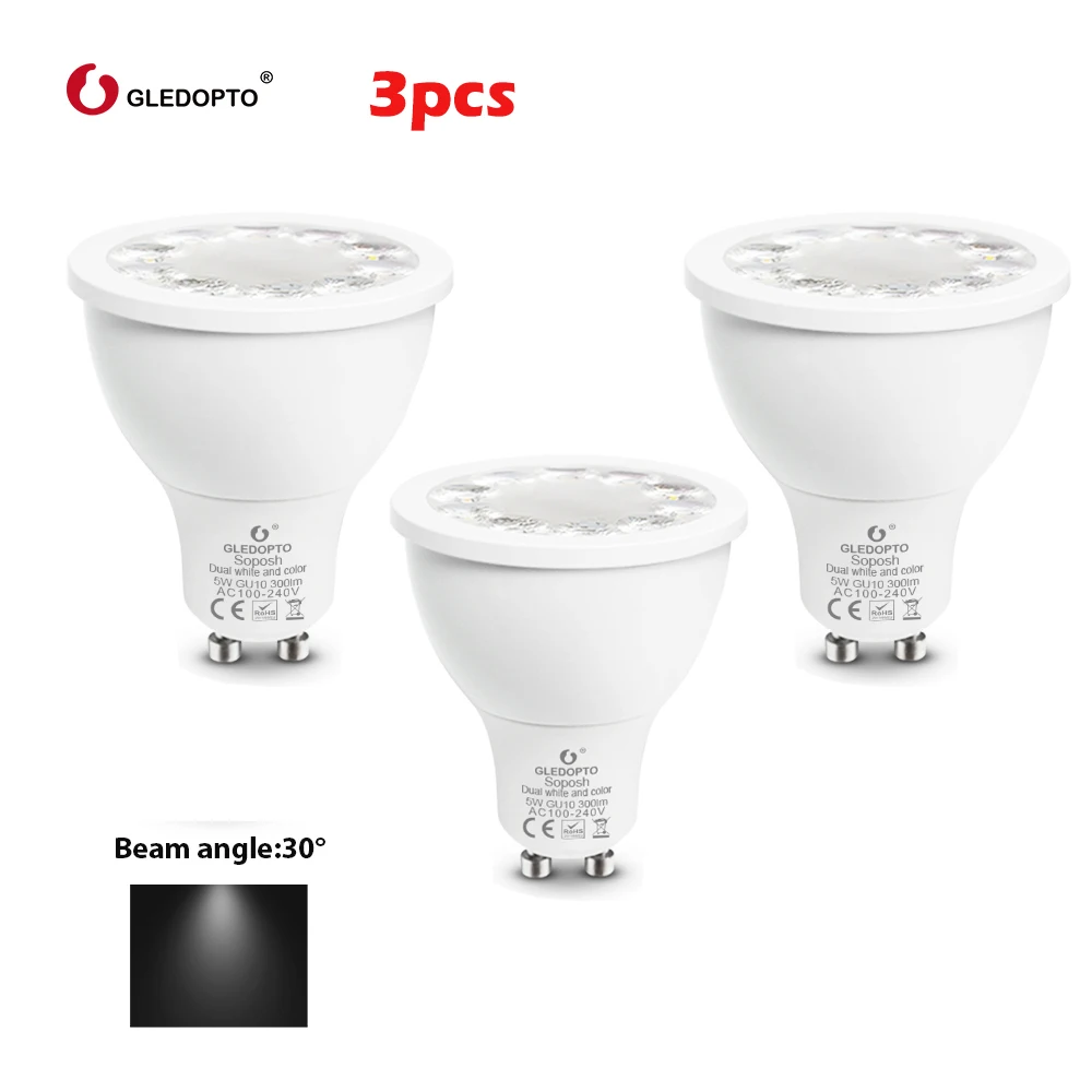 Zigbee RGB+ CCT 5 Вт GU10 умный Светодиодный точечный светильник умный дом AC100-240V изменение цвета светодиодный двойной белый светильник - Комплект: 3pcs Beam angle 30