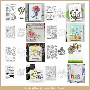 

Rainbow Rainy Day Bloom Flowers Grad Party Mother's Day Cutting Dies Match Clear Stamps Set For DIY Scrapbooking Cards Crafts