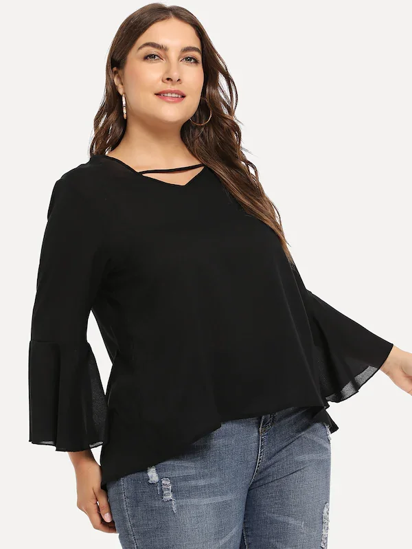 

Plus size 5XL XXXXL 2019 Summer New Long Sleeve Black Chiffon tshirt V-Neck Casual Women T-Shirts