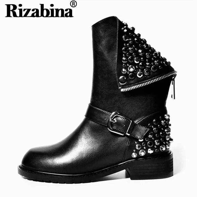 

RIZABINA Real Genuine Leather Boots Rivet Square Heel Winter Ankle Boots Sexy Motorcycle Snow Boots Shoes Woman Size 34-43