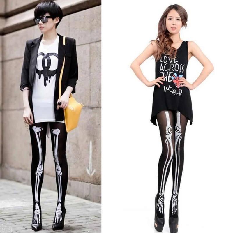 Женские колготки в стиле панк со скелетом и черепом; забавные колготки на Хэллоуин