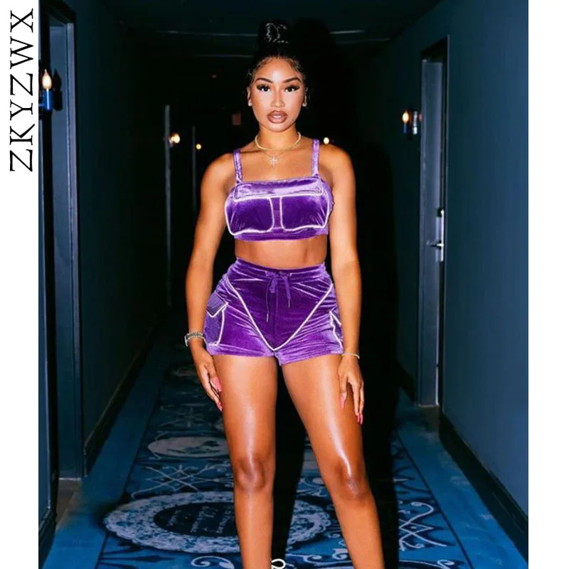 

ZKYZWX Velvet Reflective Strip Patchwork Two Piece Set Spaghetti Strip Sleeveless Crop Tops and Shorts Sexy Clubwear Womens Sets