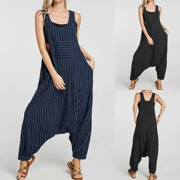 

Women's Jumpsuits Summer Loose Stripe Print Sleeveless Drop Crotch Overall Pocket Jumpsuit сиамские брюки Женский комбинезон