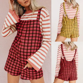 

New Fashion Playsuit For Women Casual Plaid Adjustable Clothes Cotton Pockets Elastic Band Shorts Pants Ropa Mujer Playsuit #C2