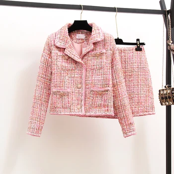 

New Autumn Fashion Ladies Sets Elegant Long Sleeve Tweeds Pink Jackets + Slim Waist A-line Skirts Women Skirt and Top Suits