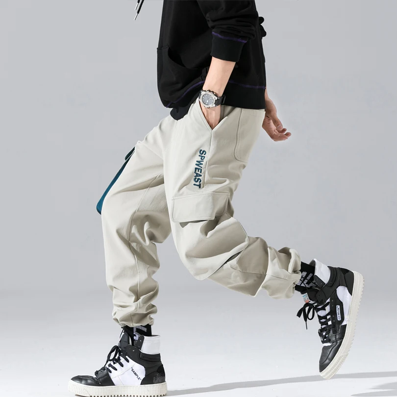 Брендовые мужские повседневные штаны высокого качества, удобные хип-хоп свободные спортивные штаны с несколькими карманами, розовые, черные, серые модные брюки карго A871 - Цвет: Серый