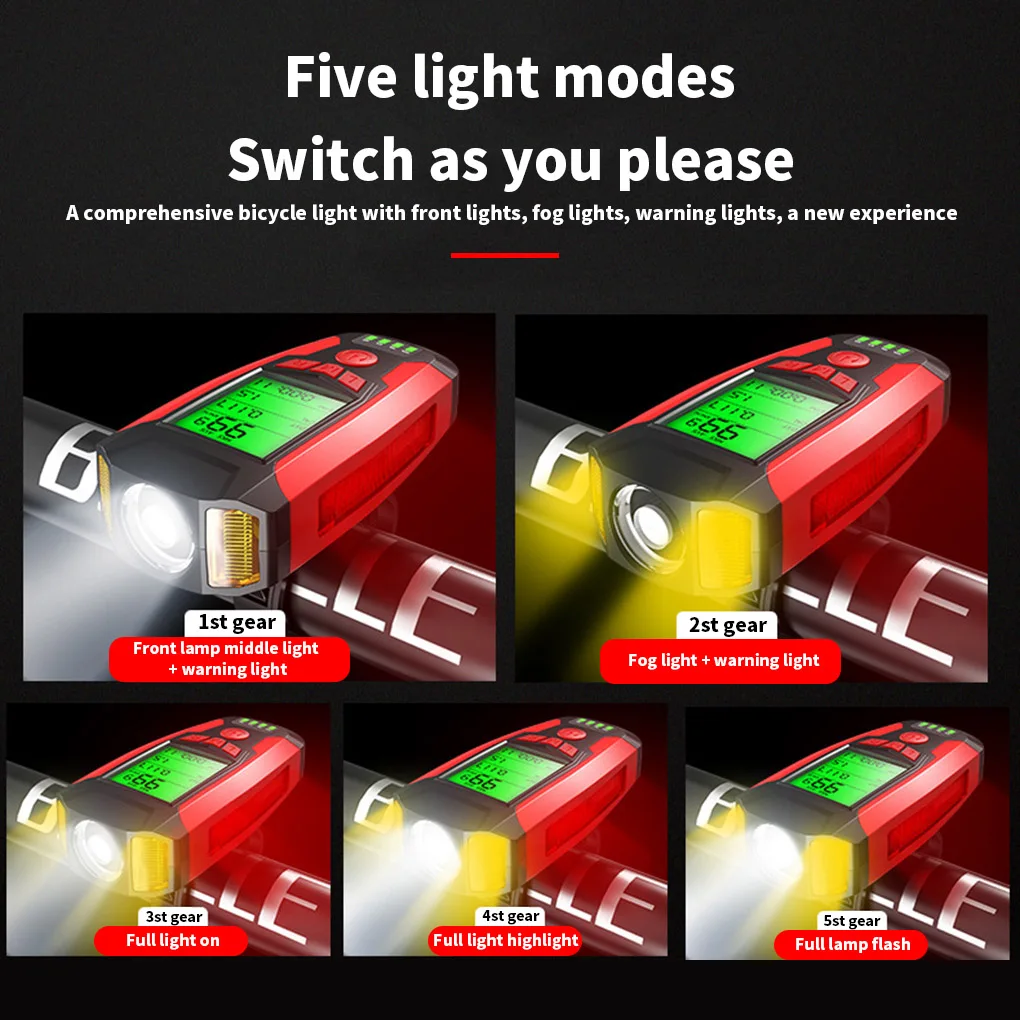 3 in 1 USB Bike Front Light 5 LED Bicycle Computer Horn Bicycle Flashlight IPX4 Waterproof Odometer Computer Speedometer