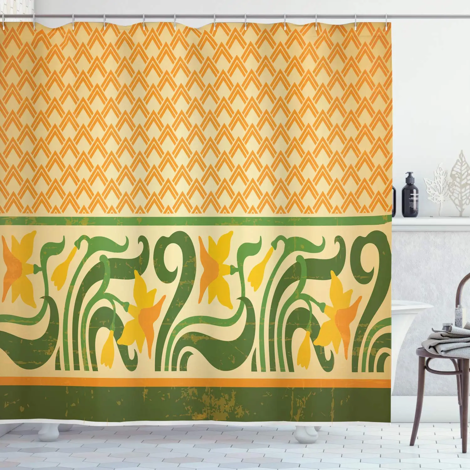 Art Nouveau Shower Curtain Fresco Ornament Geometric Pattern with Exotic Daffodil Floral Border