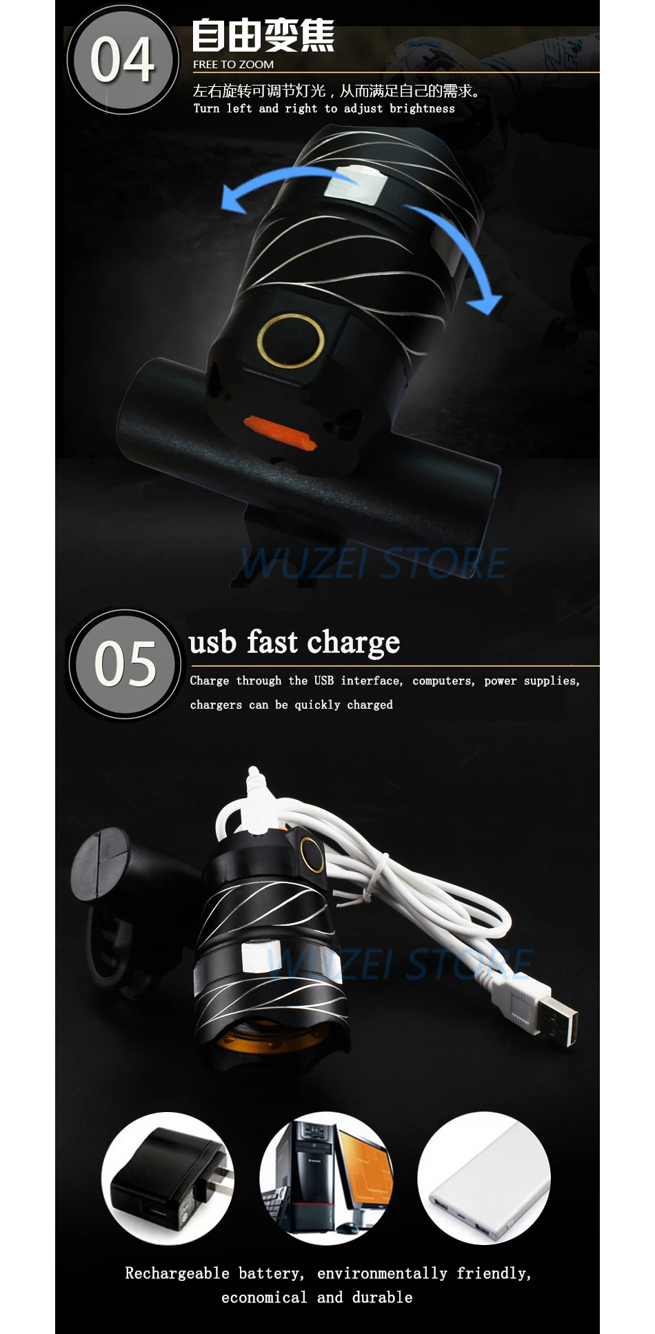 Top Bicycle light USB T6 Rechargeable Adjustable cycling Light 3000mA Battery Front Bike Headlight Lamp LED 3