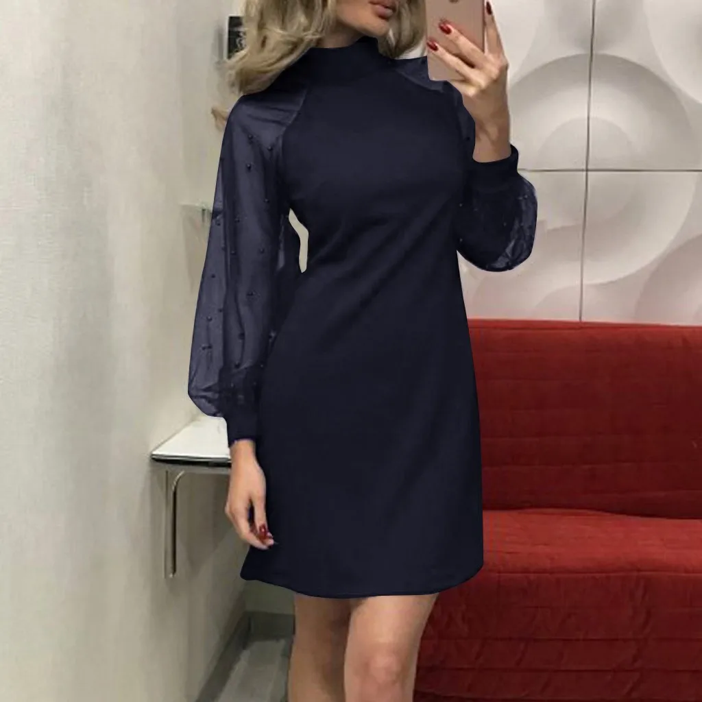 

Dress 2019Top Women's Pearl Beading Mesh Sleeve Dress Long Sleeve A-Line Mini Party Dress New Fashion Mini Sexy Lace Vestdios