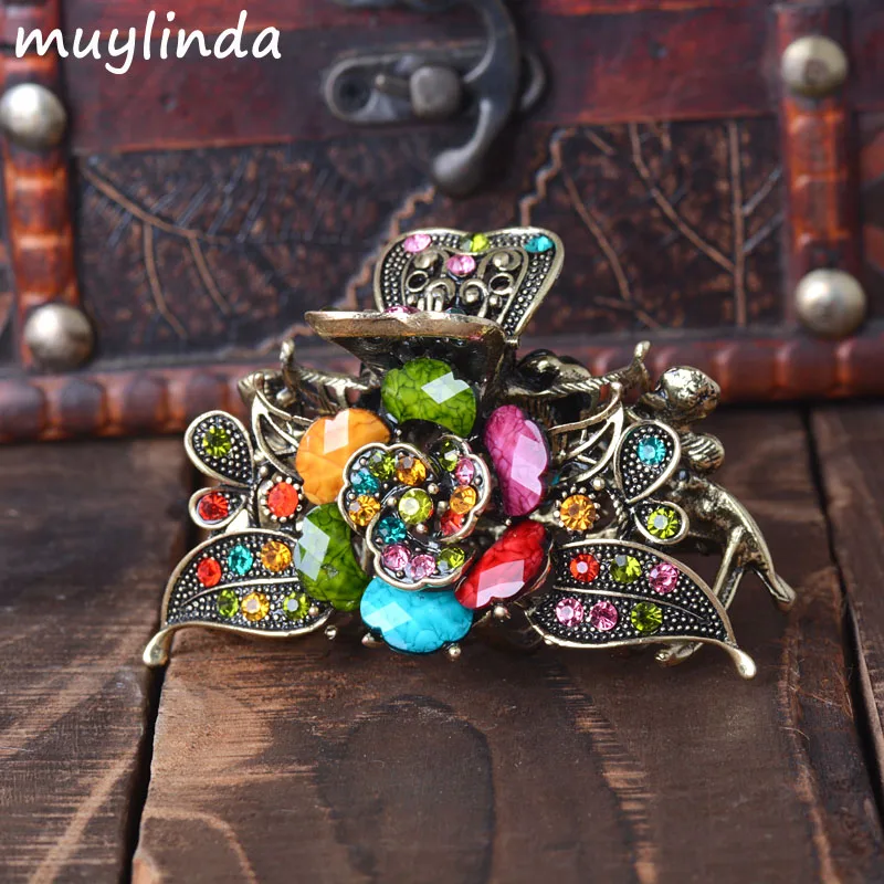 Vintage Hair Jewelry Antique Metal Flower Hair Claws Rhinestones Clip For Women Girls