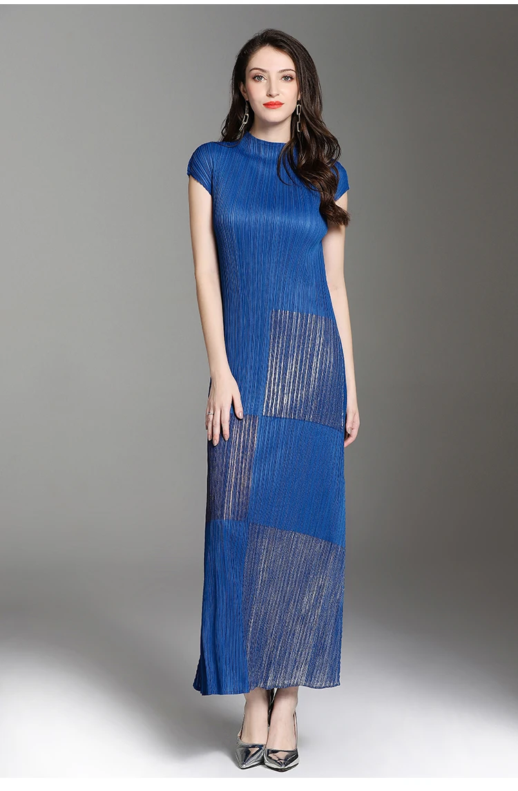 New Summer Gold-stamped Pleated Women's Dresses Miyake Sleeveless Turtleneck Wrinkled Long Dresses Plus Size Dress